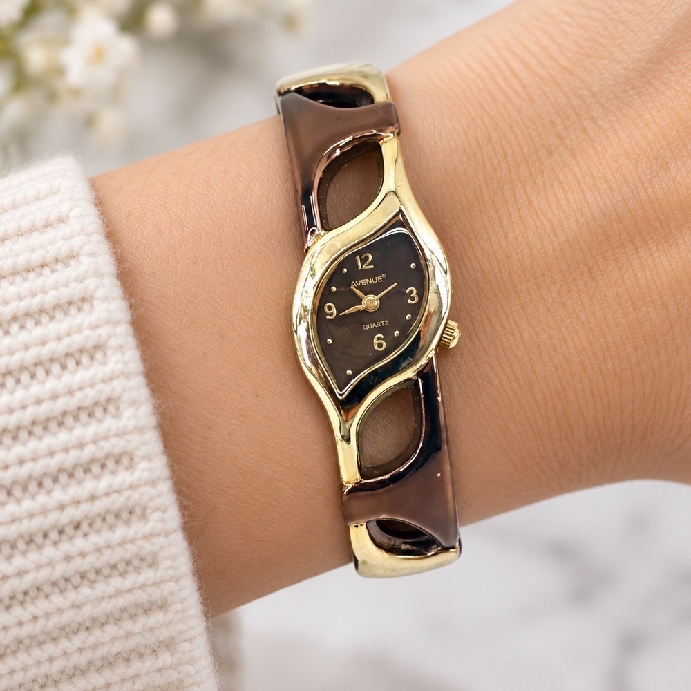 Vintage Avenue Womens Cuff Bracelet Watch Bronze Gold Tone Leaf New Battery